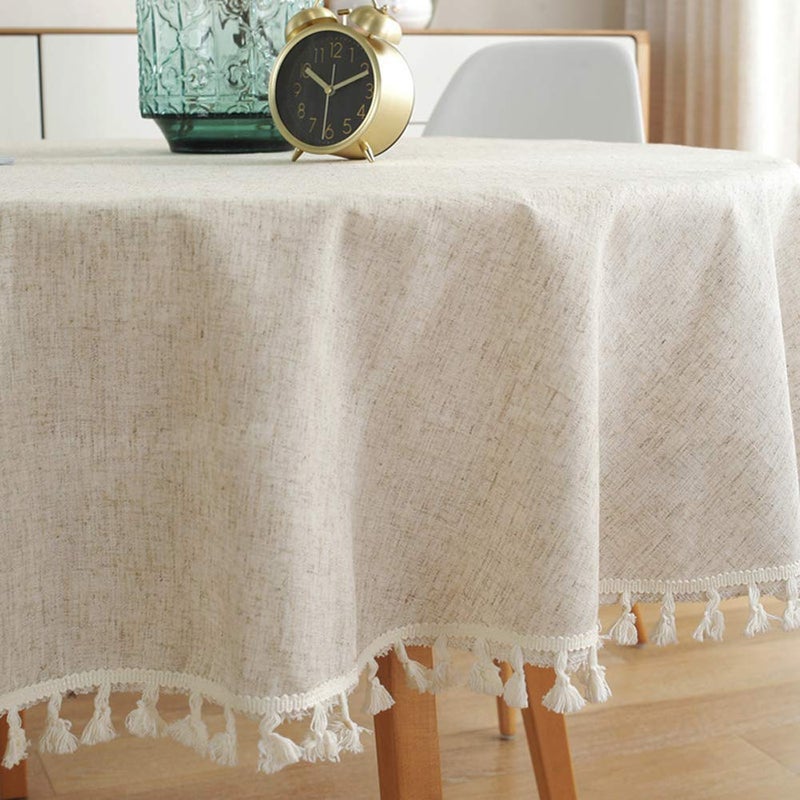 AMZALI Cotton Linen Fabric Tassel Round Tablecloth Dust-Proof Table Cover for Kitchen Dinning Tabletop Home Decoration (60 Inch, Linen) - Image 5